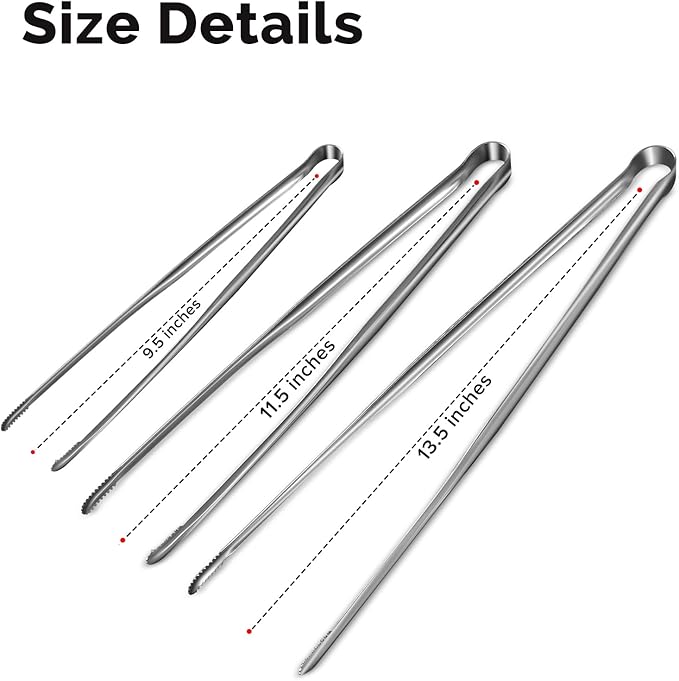 Precision Serrated Non-Slip Tips Cooking Tongs 3 Set (9.5" & 11.5" & 13.5"), 18/8 Stainless Steel Metal Tong, Light but Durable, Easily Control Kitchen Tweezer Tongs for Frying, Plating, BBQ