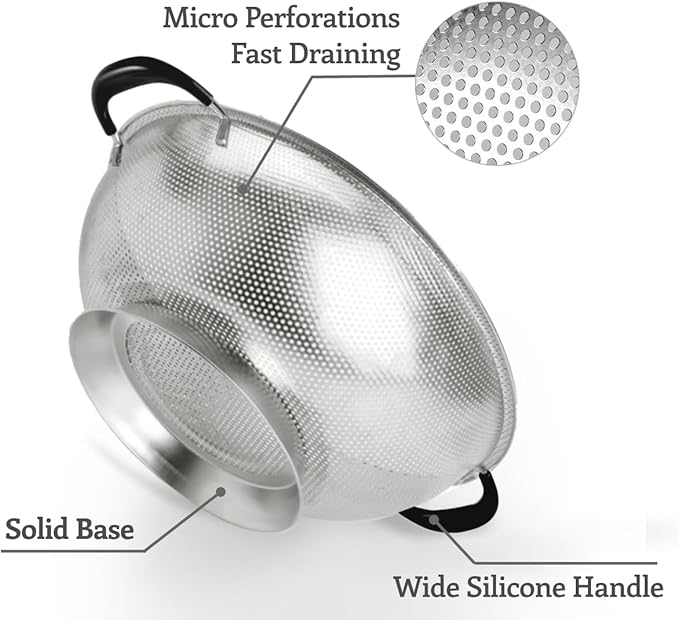 5 Qt Colander 18/8 Stainless Steel Colander Silicone Handle Easy Grip Micro-Perforated Strainer Heavy Duty and Self-draining Solid Ring Base BPA Free Dishwasher Safe - Black