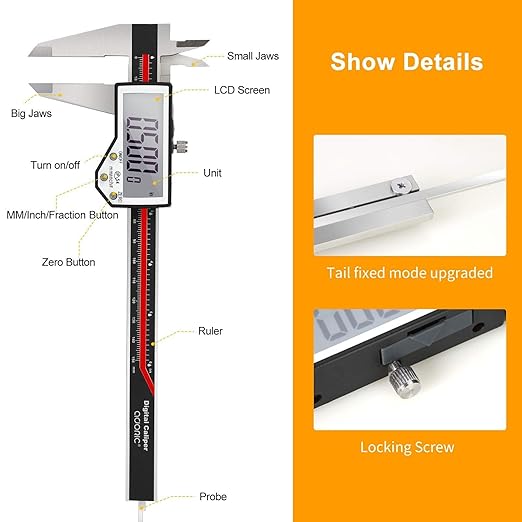 Digital Caliper, 6" Caliper Measuring Tool Extreme Accuracy Waterproof Electronic Vernier Caliper Industrial Stainless Steel Digital, Durable Measuring Tool with Large LCD Screen