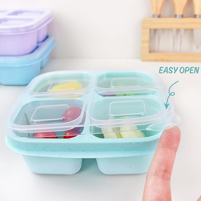 Finorder 3 Pack Wheat Straw Containers, 4 Compartment Reusable Snack Bento Box Toddler, Meal Prep Lunch Box Containers for Kids Adults, Food Containers for School,Office and Travel(Pastel Colored)