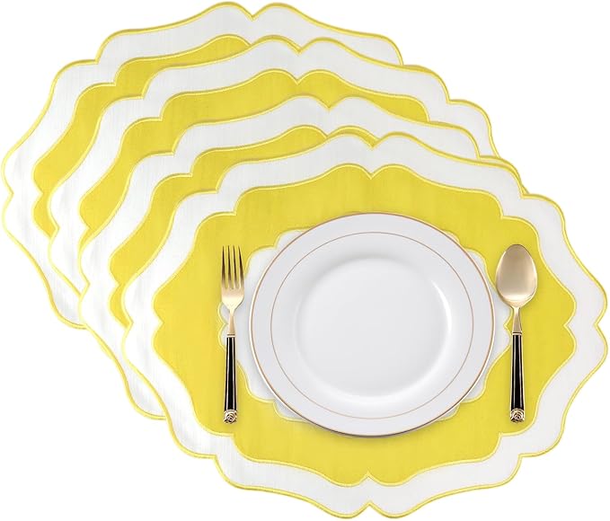 Embroidery Cotton Linen Placemats Set of 4, HADEEONG Table Mats Cloth Placemats, Washable Wrinkle Resistance, Double Layer Scalloped Fabric Placemats, 17.7 x 13.4inch (White with Yellow, 4)