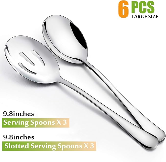 HaWare Serving Spoons X 3, Slotted Serving Spoons X 3, 9.8 inches Large Size Stainless Steel Serving Spoon, Elegant Design for Kitchen/Buffet/Party, Mirror Polished and Dishwasher Safe(6 Pack)
