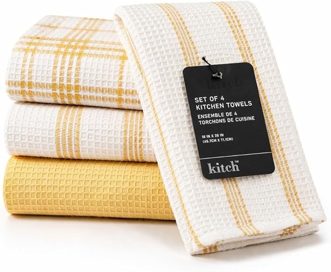 MosJos Kitchen Towels Set of 4 Dish Towels Yellow n White Waffle Weave Cotton Hand Towels, 18 x 28 Absorbent Kitchen Linens