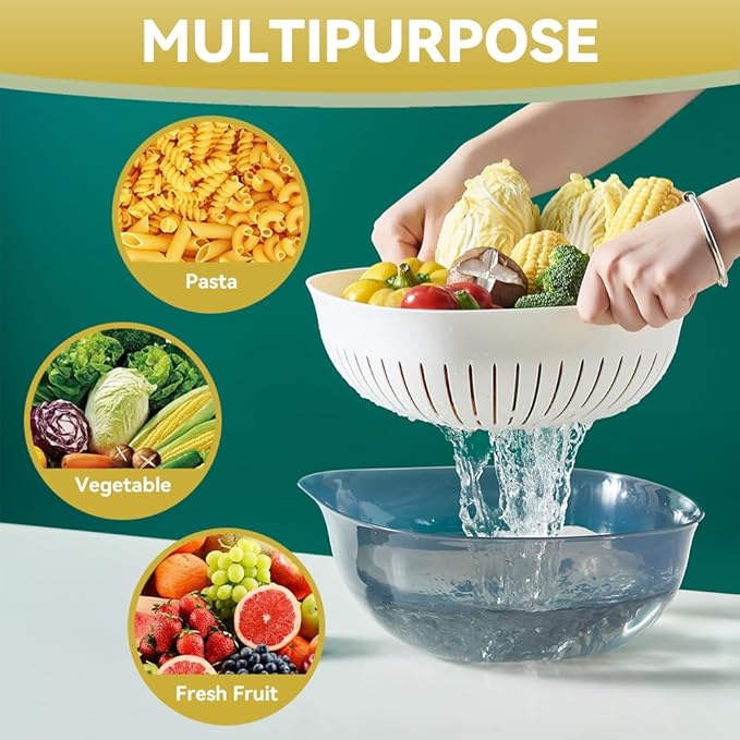 Colander Bowl Set of 2, Nesting Large Capacity Plastic Food Strainer for Pasta, Vegetables and Fruits Washing Draining Basket, Space Saving, BPA Free