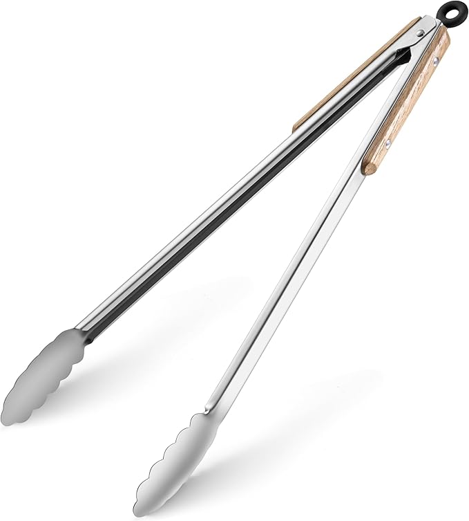 17-Inch Grill Tongs - Locking Metal Tongs with Oak Wood Handles,Stainless Steel Kitchen Tongs for Cooking,Long Tongs for Grilling,BBQ,Serving and Outdoor Barbecue,Heavy Duty,Heat-Resistant and Durable