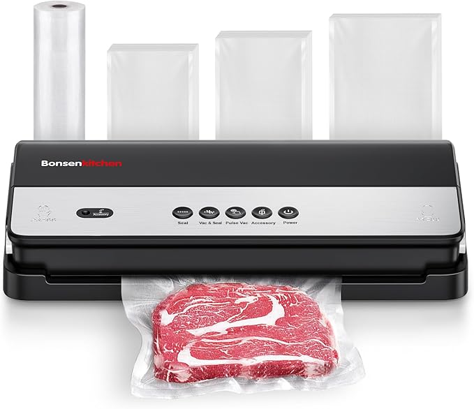 Bonsenkitchen Vacuum Sealer, Multi-Functional Food Sealer with 1 Roll Bag+ 50 Bags, Fast-Compact Design | Bag Storage | Built-in Cutter, External Vacuum System & Accessory Tube, Silver