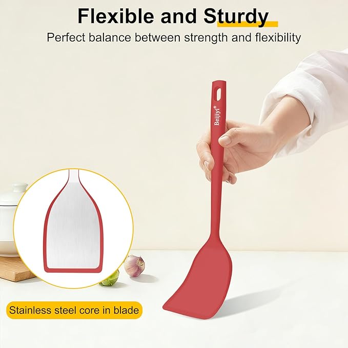 Beijiyi Silicone Spatula Set of 4, 600°F Heat Resistant, BPA Free Kitchen Spatula and Spoons for Nonstick Cookware, Solid & Slotted Turner Cooking Utensils for Serving, Flipping Egg, Pancakes (Red)
