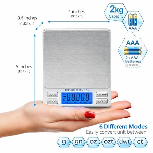 Smart Weigh Pro Digital Pocket Scale – 2000g x 0.1g Precision Gram Scale with LCD Display, 6 Weighing Units, Hold & Count Functions – Includes 2 Trays and Batteries (Silver)