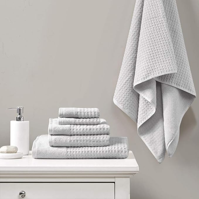 Madison Park Spa Waffle 100% Cotton Luxurious Towel Set, Premium Texture Waffle Weave, Highly Absorbent, Quick Dry, Hotel & Spa Quality Wash Clothes for Bathroom, Assorted Sizes, Grey 6 Piece