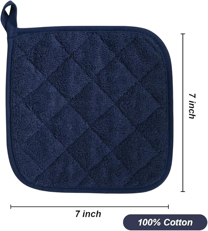 meioro 4-Pack Pot Holders for Kitchen High Heat Resistant Potholder, 100% Cotton Hot Pads, Quilted Terry Hot Pot Holder Set for Kitchens, Washable Trivet for Cooking and Baking 7x7 Inches (Navy Blue)