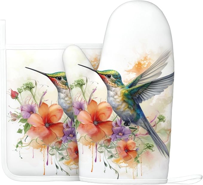Oven Mitts and Pot Holders Watercolor Hummingbird Flower Silicone Kitchen Accessories Set of 2 Heat Resistant Long Gloves Potholder Non-Slip Grip for Chef Cooking,Baking,Grilling,BBQ