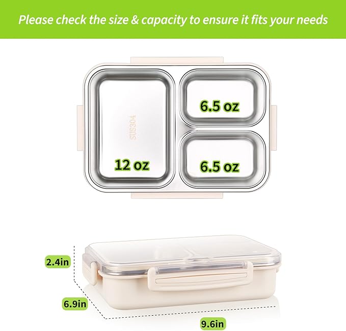 Stainless Steel Bento Box, 3 Compartments Leakproof Stainless Steel Snack Containers, 25 oz Premium 304 Metal Lunch Box for Adults, BPA-Free, Dishwasher Safe (Beige)