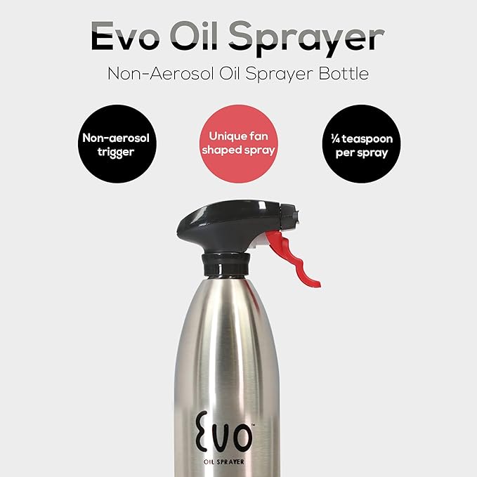 Evo Oil Sprayer 18/8 Stainless Steel, Non-Aerosol for Olive, Cooking Oils, and Vinegars, Silver, 16-Ounce Capacity