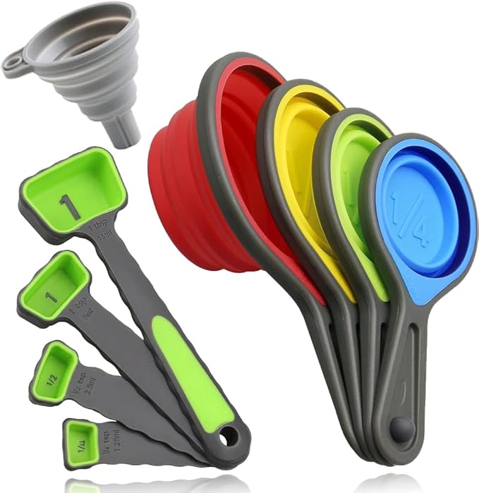 Measuring Cup and Spoon Set, Collapsible Measuring Cup, 8 Piece Measuring Tools and 1 Funnel, Engraved Metric/US Markings, for Liquid and Dry Measurements, Space Saving, BPA Free Silicone, Colorful