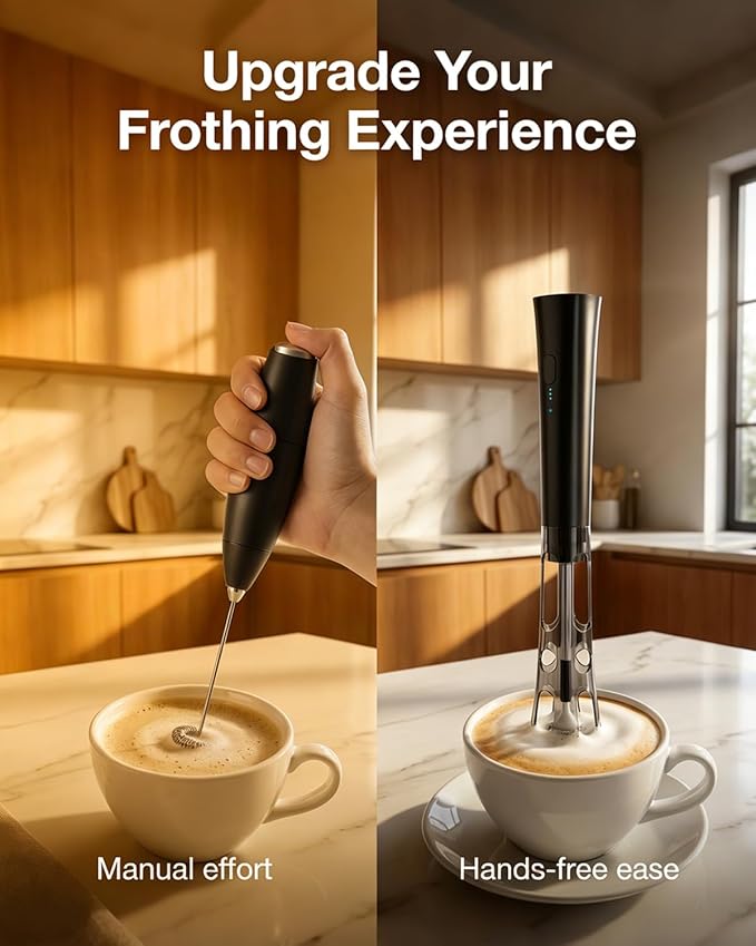 Milk Frother Handheld Rechargeable, Low Noise Electric Coffee Frother Wand with Stand, Stainless Steel Shaft, Anti-Accidental Start, 2 Double Coil Whisks, Kitchen Gifts