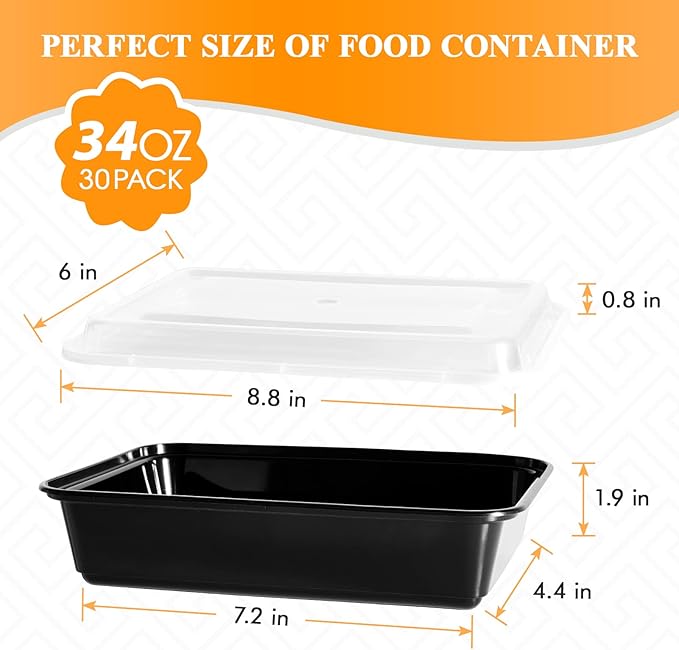 MUCHII 34 oz Meal Prep Containers With Lids, 30 Count To Go, Plastic Disposable Food Containers Microwave and Freezer Safe