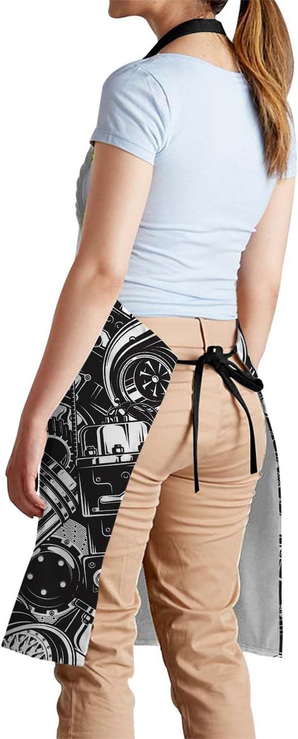 oFloral Automobile Car Parts Black and White Elements Bib Apron with Adjustable Neck for Men Women,Suitable for Home Kitchen Cooking Waitress Chef Grill Bistro Baking BBQ Apron