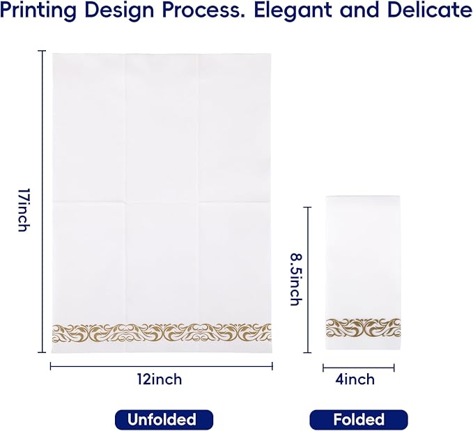 JOLLY CHEF 100 Disposable Hand Towels, Soft and Absorbent Linen Feel Dinner Napkin, Elegant Decorative Paper Guest Towels for Kitchen, Bathroom,Thanksgiving, Weddings,Parties, Gold and White