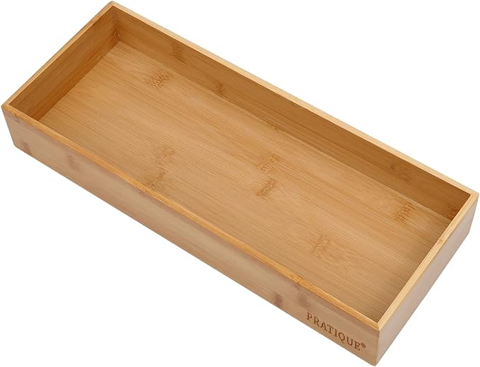 PRATIQUE Bamboo Drawer Organizer - Kitchen Utensil Organizer Silverware Tray Cutlery Holder，Office Desk Supplies and Accessories (15X5.9X2.6 inch)