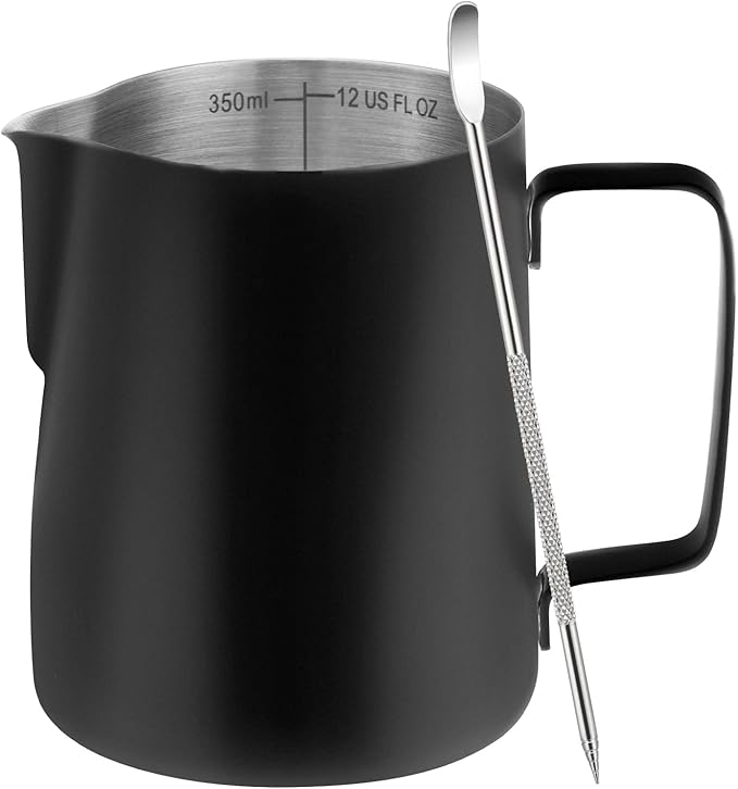 Amrules Milk Frothing Pitcher, 12oz Milk Frother Cup with Clear Scale, 304 Stainless Steel Cappuccino Espresso Machine Accessories for Barista Coffee Bar with Latte Art Pen, Black