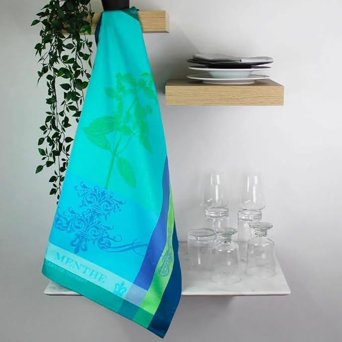 Garnier Thiebaut Brin de Menthe Chlorophylle (Green Mint) French Kitchen Towel 22"x30", Cotton, Jacquard