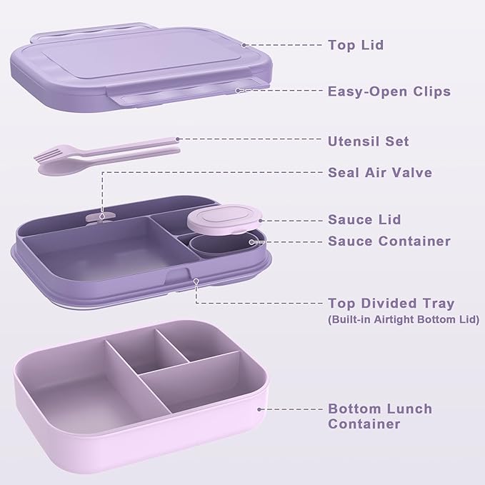 Caperci Stackable Bento Lunch Box for Adult & Teens - Reinforced Leak-Proof Lunch Container 4-Compartment with Utensils & Sauce Container, BPA-Free, Dishwasher/Microwave Safe, 47oz (Orchid Bloom)