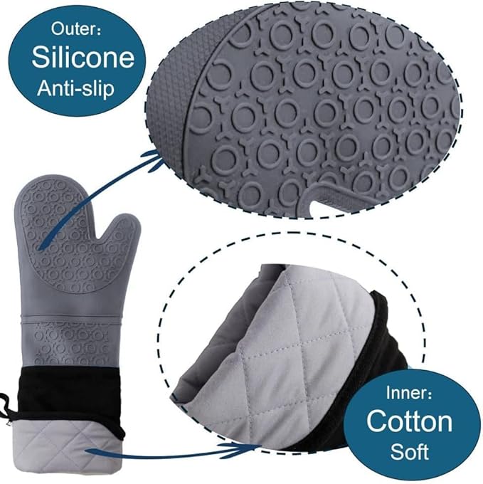 Extra Long Professional Silicone Oven Mitts with Quilted Liner, Durable Heat Resistant Oven Gloves, Heat Resistant Oven Gloves,2pcs (Gray, 19.7inch)