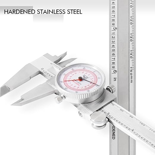 PECtools 6 Inch Dial Caliper, DIN 862 Double Dial Inch/Metric Combined Caliper, 0-150mm, 0.001"/0.02mm Resolution, Shock & Oil Resistant, with Case
