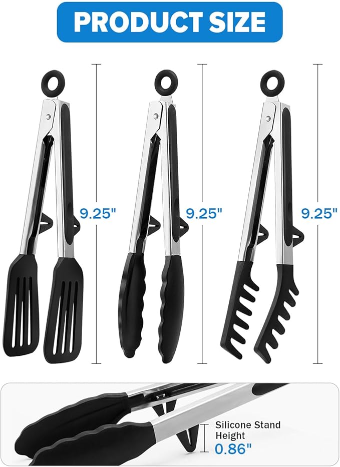 Kitchen Tongs for Cooking, Non Scratch Silicone Tip for Nonstick Cooking Pans, Food Grade Mini Serving Tongs, Pull Lock, Set of 3, Black (BLack, 9 inch)