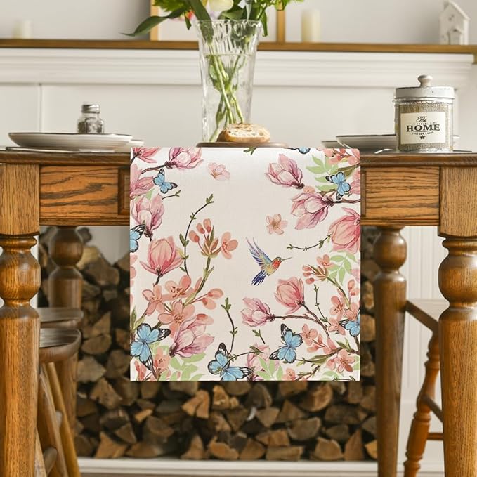 Artoid Mode Flowers Bird Butterfly Spring Table Runner, Seasonal Kitchen Dining Table Decoration for Home Party Decor 13x90 Inch