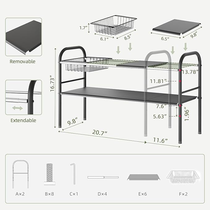 NETEL Under Sink Organizers and Storage, 2 Tier Expandable Under Cabinet Organizer Shelf with 2 Baskets and 6 Panels, Expandable Shelf for Cupboard, Kitchen, Bathroom, Shoe Storage Rack