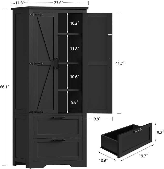 TEENFON 66.1" H Storage Cabinet, Farmhouse Kitchen Pantry Cabinet with 2 Drawers & Adjustable Shelf, Bathroom Cabinet, for Living Room, Kitchen, Bathroom, Black