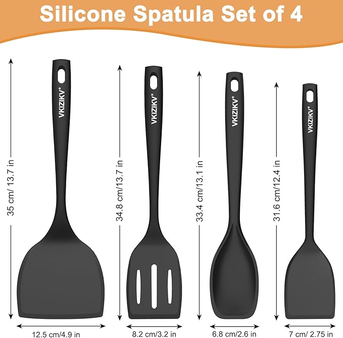 Silicone Spatula Turner Set, 4 Pack, 600°F Heat Resistant Cooking Spatulas, Spoons, BPA Free & Non-Stick Kitchen Utensils, Ideal for Flipping Egg, Pancake, and Serving, Dishwasher Safe (Black)