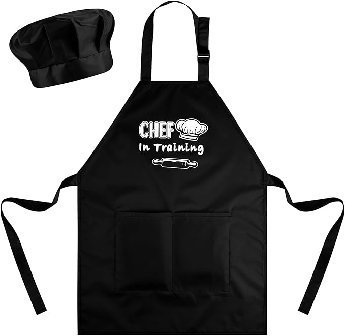 Kids Apron and Chef Hat Set Adjustable Child Aprons with 2 Large Pockets for Girls Boys Cooking Baking Painting Gift