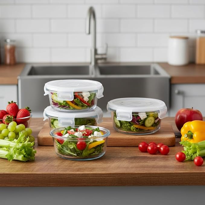 1.5 Cup Round Glass Food Containers with Lids and Folding Spoon, BPA Free Small Round Glass Lunch Containers, 12oz Food Container for Office Meal, Oven, Freezer and Dishwasher Safe (4Pack)