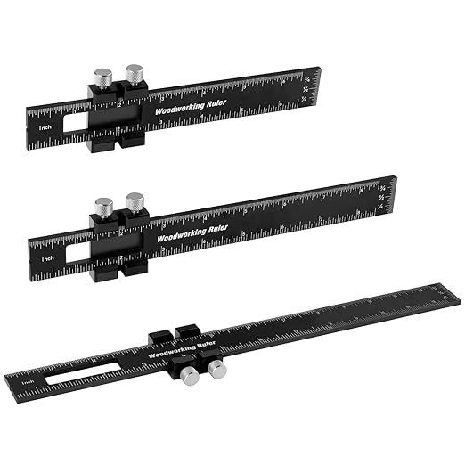 Woodworking Ruler, Violetfox 3Pcs Precision Pocket Ruler Metal Slide Rule Inch and Metric T-Type Scribing Ruler Square Ruler T Track Ruler Marking Measuring Ruler(6/8/12 Inch)