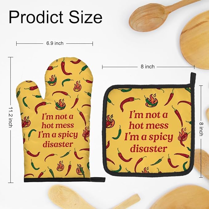 DYJYBMY I'm Not A Hot Mess I'm A Spicy Disaster Funny Oven Mitts and Pot Holder Set, Sarcastic Peppers Kitchen Gadgets for Women, Housewarming Gifts for Hostess, Baking Gifts for Mom Aunt Sister BFF