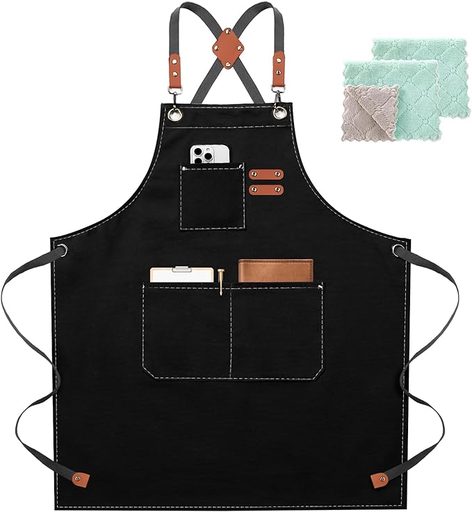 ZOMAO Chef Apron for Women Men with Large Pockets, Cotton Canvas Cross Back Waterproof Work Aprons for Kitchen Cooking Bib