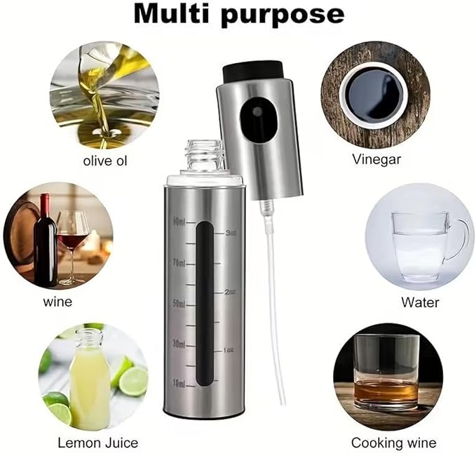 100ml Stainless Steel Olive Oil Spray Bottle – Graduated Metal and Glass Refillable Oil Mister for Cooking and Baking – Suitable for Home Cooks