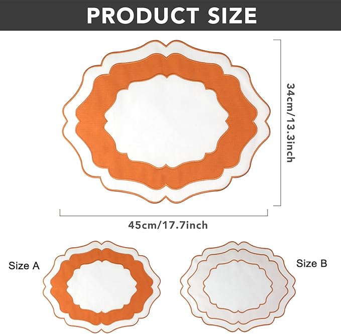 Embroidery Cotton Linen Placemats Set of 4, HADEEONG Table Mats Cloth Placemats, Washable Wrinkle Resistance, Double Layer Scalloped Fabric Placemats, 17.7 x 13.4inch (White with Orange, 4)