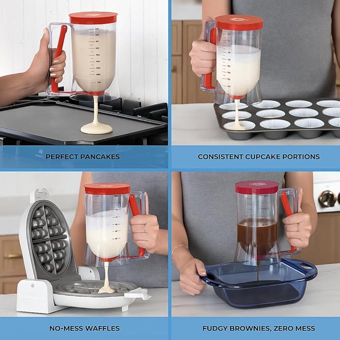 Pancake Batter Dispenser - Kitchen Must Have Tool for Perfect Pancakes, Cupcake, Waffle, Muffin Mix, Cake & Crepe - Easy Pour Baking Supplies for Griddle - Pancake Maker with Measuring Label (Red)