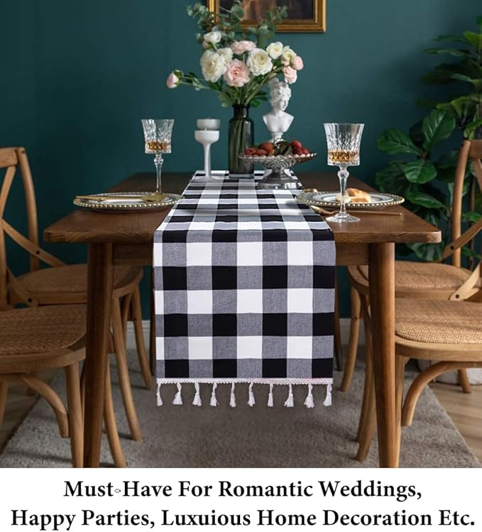 DUOBAO Buffalo Plaid Table Runner with Tassels 14x72-Inch Checked Linen Cotton Picnic Tables Overlay Rectangle Tablecloths Farmhouse Decor Gingham Runners Black and White
