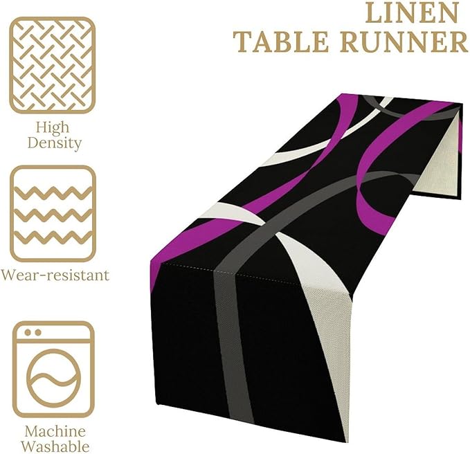 Abstract Geometric Table Runner Purple Grey White Striped Black Background Modern Kitchen Dinner Runner for Indoor Home Living Room Party Dining Table Decoration 13"x36"