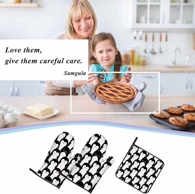 Cute Penguins Oven Mitts and Pot Holders Sets Antarctic Animal Funny Oven Mitt Heat Resistant 3pcs for Cooking Baking BBQ