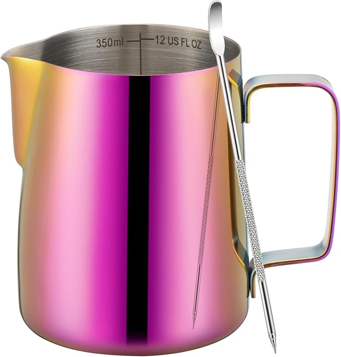 Amrules Milk Frothing Pitcher, 12 oz Milk Frother Cup with Clear Scale, 304 Stainless Steel Cappuccino Espresso Machine Accessories for Barista Coffee Bar with Latte Art Pen, Multipurple