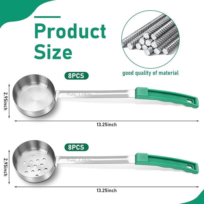 Teenyyou 16 Pcs Portion Control Serving Spoons, Restaurant Measuring Serving Ladle Utensils, Portion Control Slotted Scoops for Weight Loss, Solid and Perforated Scoops(Green,4 oz)