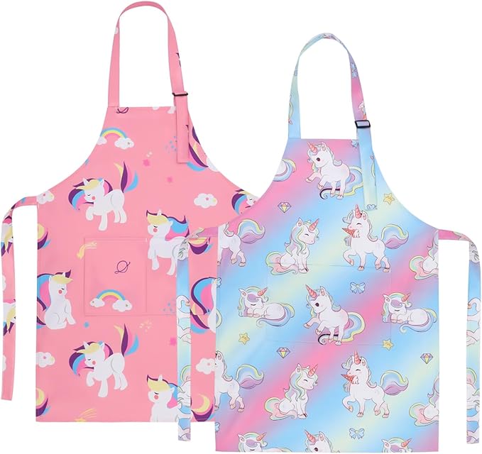 2 Pack Kids Apron, Cute Cooking Aprons, Waterproof Art Apron with Pockets, Toddler Painting Artist Apron Adjustable