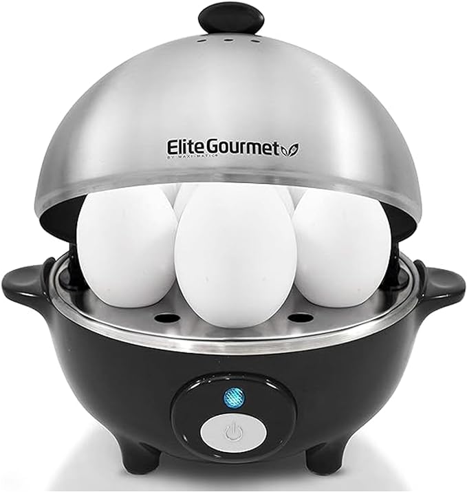 Elite Gourmet EGC-508 Rapid Egg Cooker, 7 Easy-To-Peel, Hard, Medium, Soft Boiled Eggs, Poacher, Omelet Maker, Auto Shut-Off, Alarm, 16-Recipe Booklet, Stainless Steel