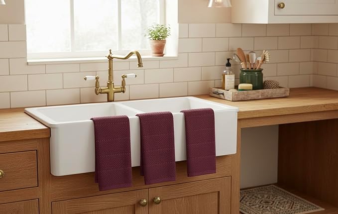Serafina Home Purple Burgundy Wine Kitchen Hand Dish Towels: Oversized 28" x 18",100% Cotton Cloth Soft Cleaning Drying Absorbent Textured Design, Set of 3 Multipurpose for Everyday Use (Wine)