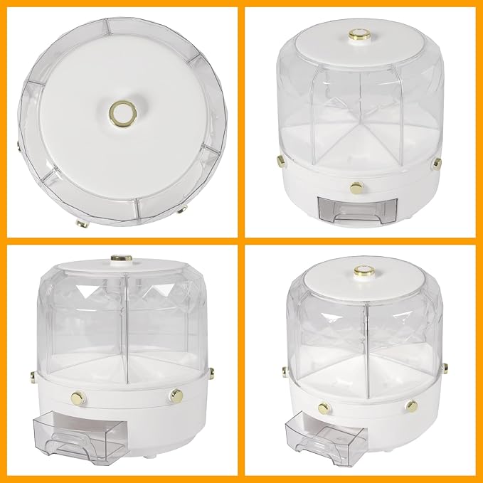 Cereal Dispenser, 6-grid 360° Rotating Grain Dispenser, 6 in 1 Sealed Clear Rice Dispenser, 6kg/13.2lbs Grain Storage Container, Countertop PP+PET Round Granular Dry Food Dispenser, 9.84*9.84in White